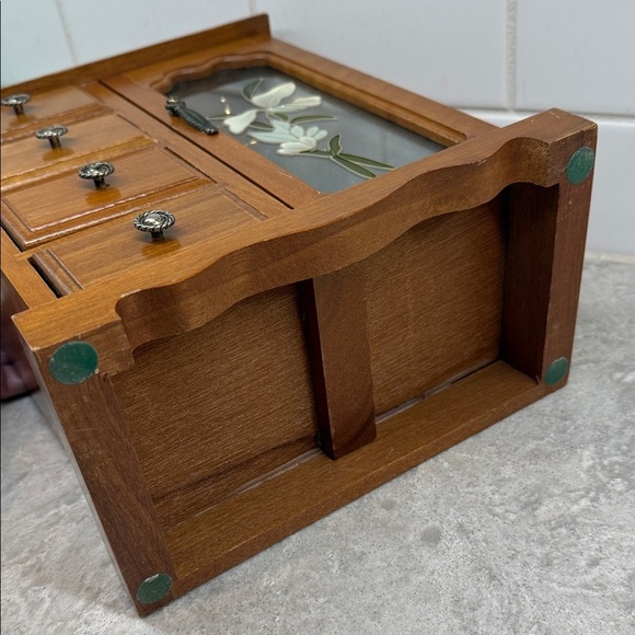Vintage Wooden Jewelry Box 4 drawer, carousel with glass door Floral Design - Picture 11 of 11
